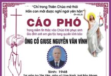 Cáo phó: Ông cố Giuse Nguyễn Văn Vĩnh (Thân phụ của linh mục Phêrô Nguyễn Văn Hà, quản xứ Đồng Kén)