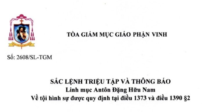 Tòa Giám mục GP. Vinh: Sắc lệnh triệu tập và thông báo với Linh mục Antôn Đặng Hữu Nam