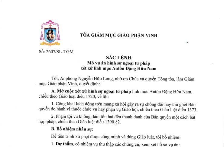 Tòa Giám mục GP. Vinh: Sắc lệnh mở vụ án hình sự ngoại tư pháp xét xử linh mục Antôn Đặng Hữu Nam